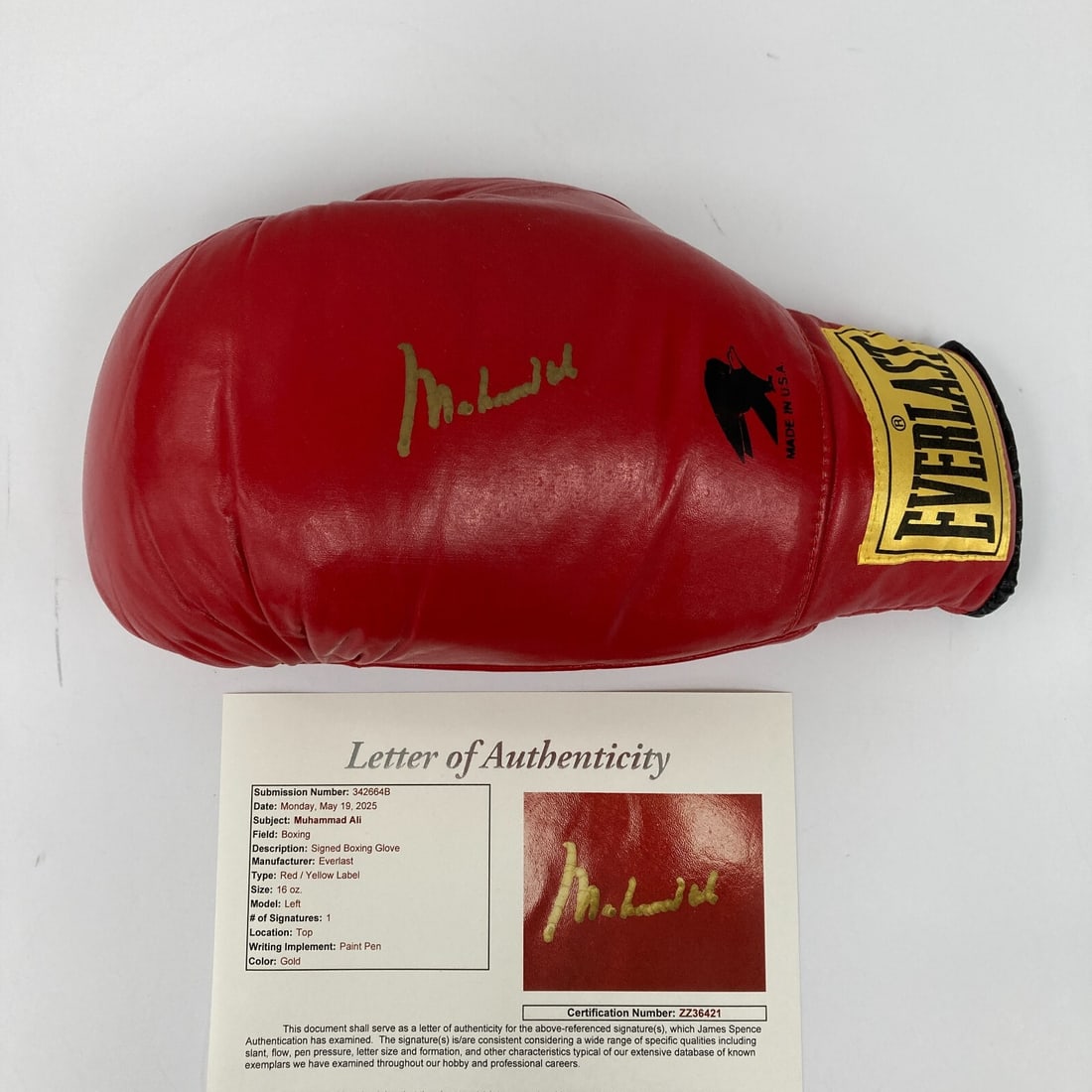 Muhammad Ali Signed Everlast Glove Gold Ink JSA Authenticated: Muhammad Ali Signed Everlast Glove Gold Ink JSA Authenticated This authentic Everlast boxing glove features a striking gold ink signature from the legendary Muhammad Ali. The glove is a cherished coll