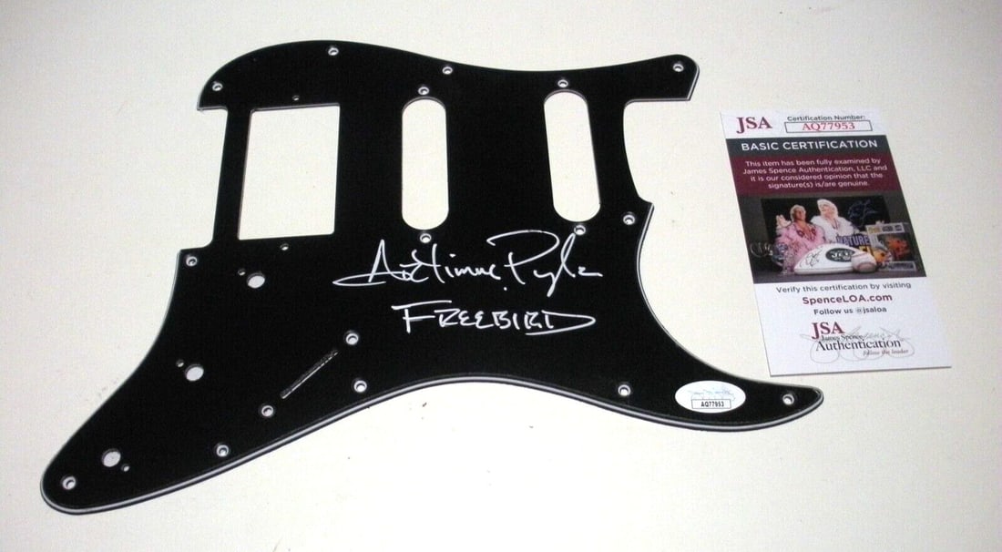 Artimus Pyle Signed Lynyrd Skynyrd Free Bird Guitar Pick Guard JSA COA: Artimus Pyle Signed Lynyrd Skynyrd Free Bird Guitar Pick Guard JSA COA This item features an original signed guitar pick guard by Artimus Pyle of Lynyrd Skynyrd, commemorating the iconic song 'Freebir