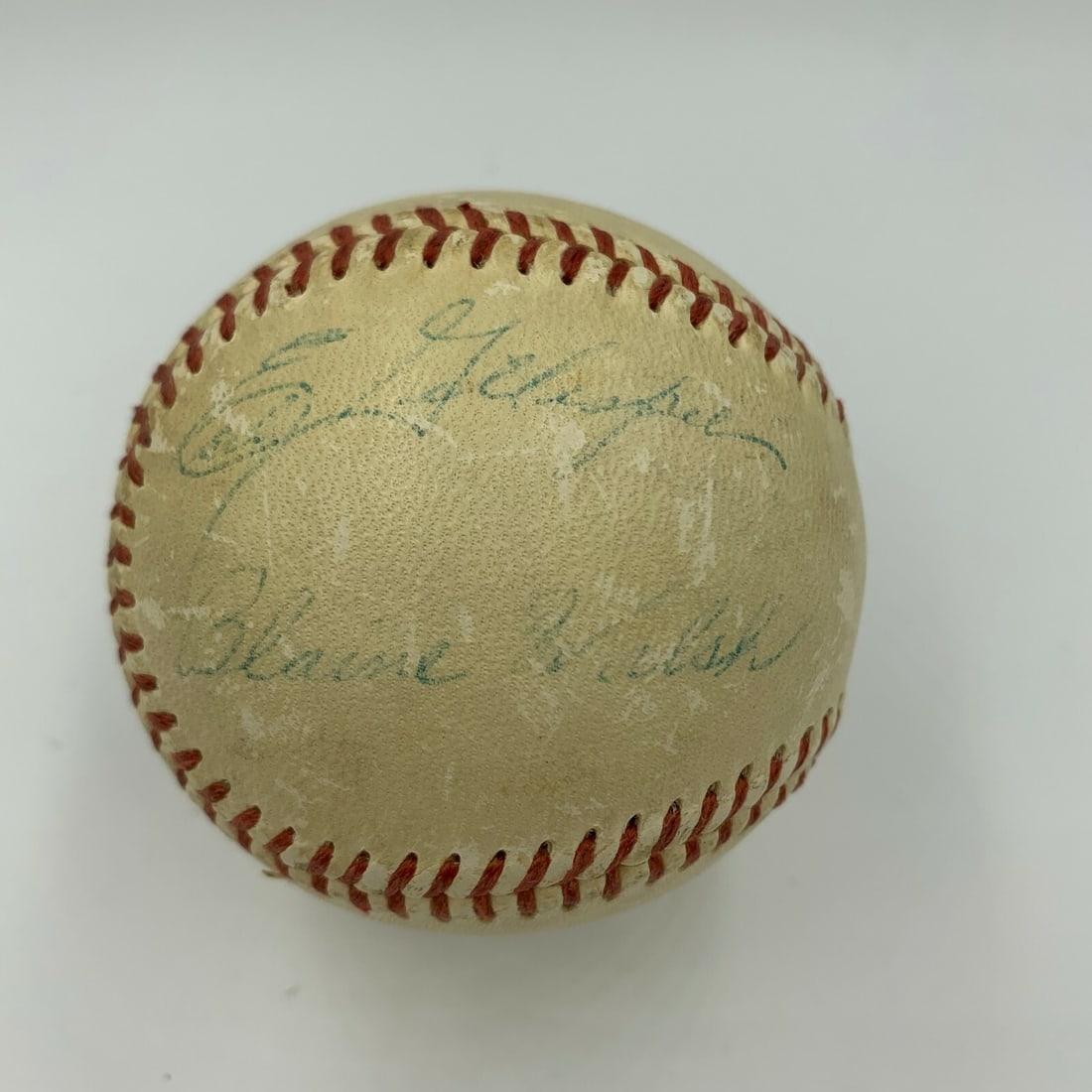 1956 Milwaukee Braves Signed Baseball with JSA Authentications: 1956 Milwaukee Braves Signed Baseball with JSA Authentications This original 1956 Milwaukee Braves signed baseball is a unique collectible featuring the autographs of four notable broadcasters: Blaine
