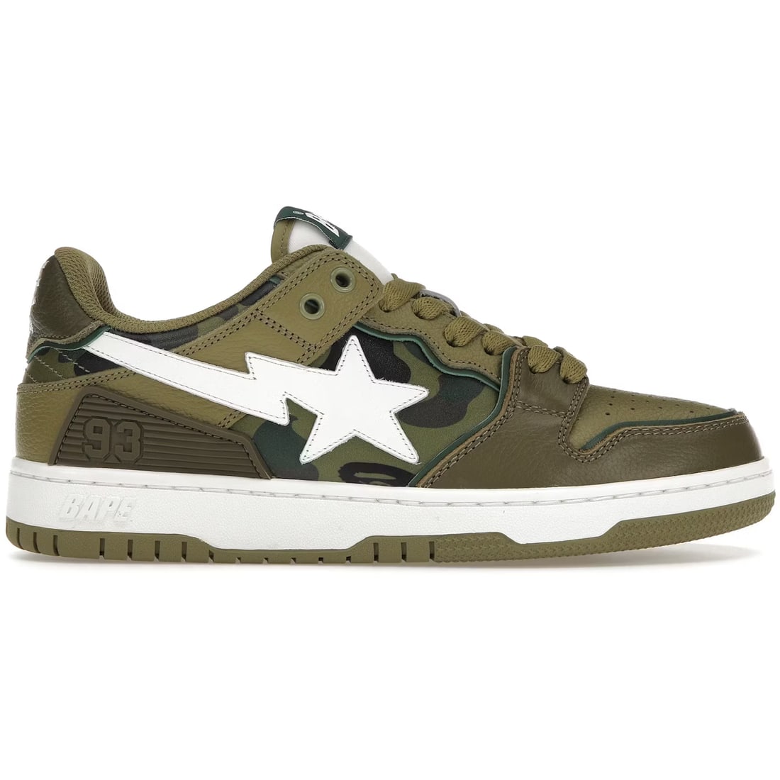 A Bathing Ape Sk8 Sta #4 Olive Drab Camo Sneakers: A Bathing Ape Sk8 Sta #4 Olive Drab Camo Sneakers Step out in style with the A Bathing Ape Sk8 Sta #4 in Olive Drab Camo. These iconic sneakers showcase BAPE's signature camo design paired with street