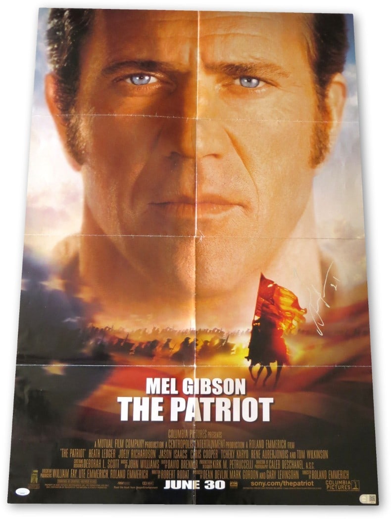 Mel Gibson Autographed 27x40 The Patriot Movie Poster JSA Certified: Mel Gibson Autographed 27x40 The Patriot Movie Poster JSA Certified This impressive 27X40 movie poster features the autograph of acclaimed actor Mel Gibson, known for his remarkable performance in 'Th