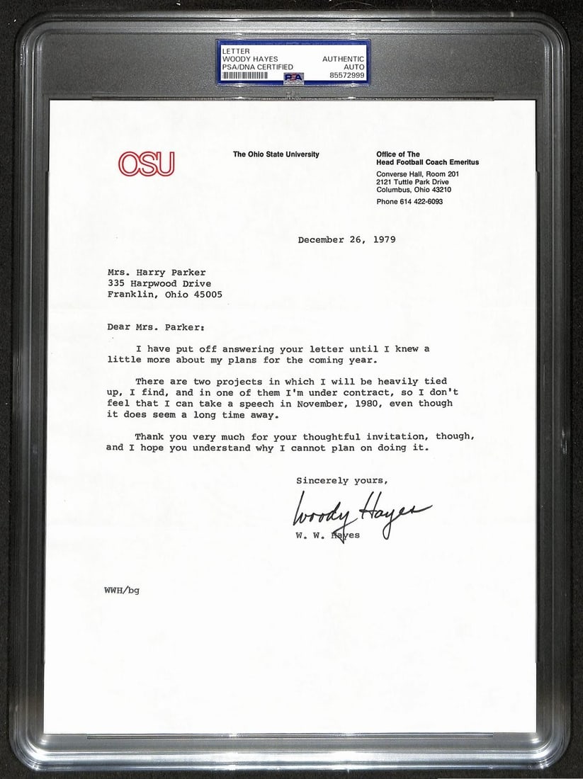 Woody Hayes Autographed 1979 Ohio State TLS Letter PSA/DNA: Woody Hayes Autographed 1979 Ohio State TLS Letter PSA/DNA This is an original Woody Hayes signed 9x11 TLS letter dated December 26, 1979, from Ohio State University. As the legendary football coach,