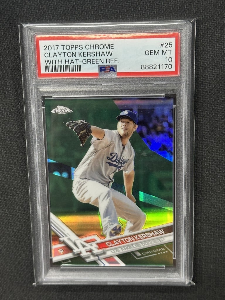 Clayton Kershaw 2017 Topps Chrome Green Refractor PSA 10 #25: Clayton Kershaw 2017 Topps Chrome Green Refractor PSA 10 #25 This is a 2017 Topps Chrome Green Refractor baseball card featuring Clayton Kershaw, a star pitcher for the Los Angeles Dodgers. It is grad