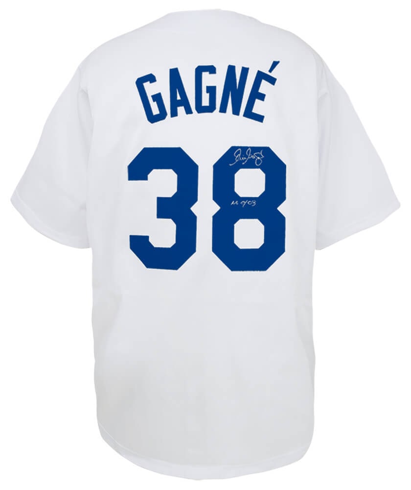 Eric Gagne Signed Dodgers White Jersey NL CY 03 COA: Eric Gagne Signed Dodgers White Jersey NL CY 03 COA This is an original signed white custom baseball jersey from Eric Gagne, the former pitcher for the Los Angeles Dodgers. The jersey is adorned with