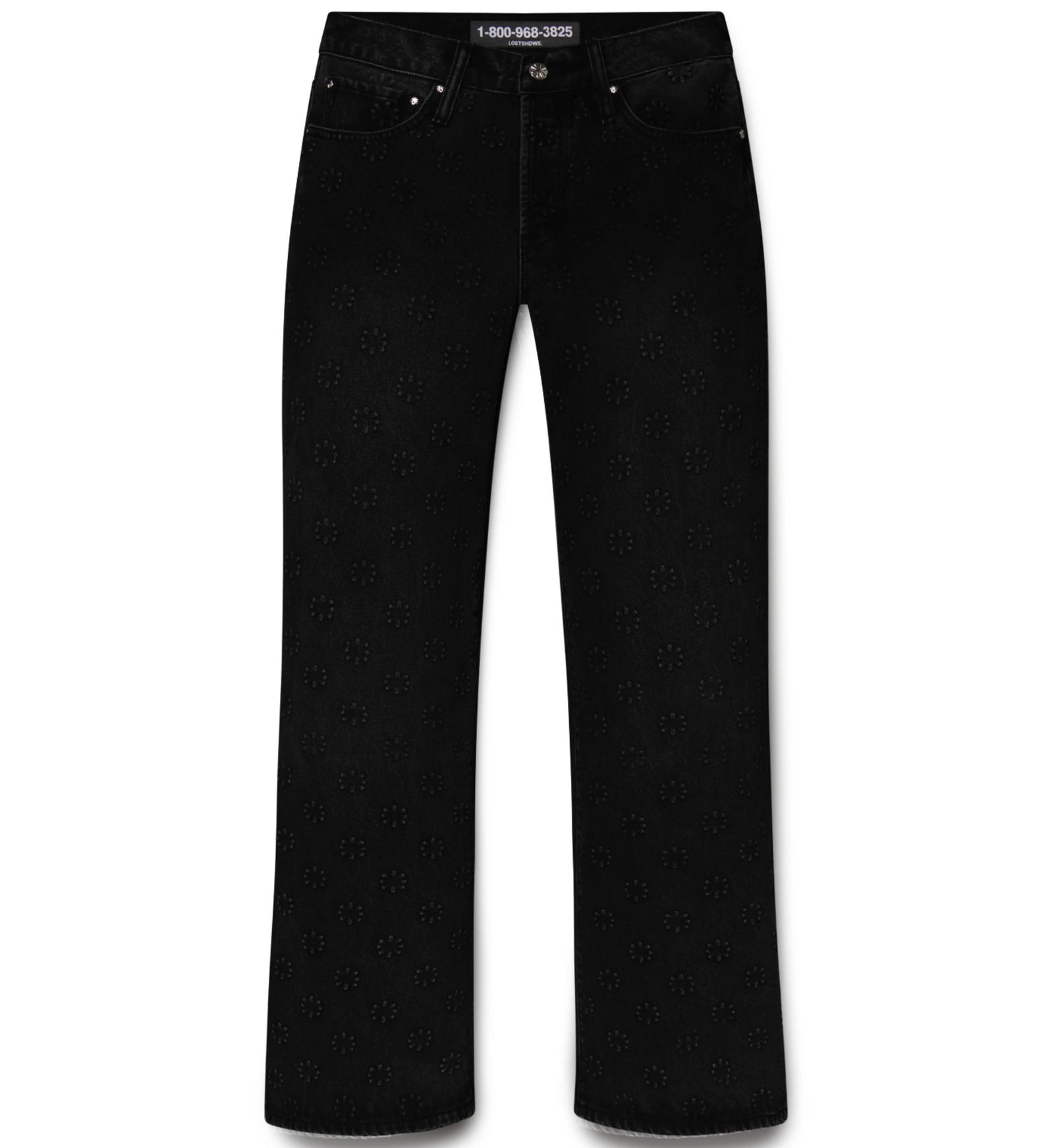 Lost Shdws Embossed Black Denim Pants Baggy Fit 100 Cotton: Lost Shdws Embossed Black Denim Pants Baggy Fit 100 Cotton The Lost Shdws Embossed Black Denim Pants offer a stylish baggy fit, designed for an oversized look. Crafted from 100% cotton, these pants fe