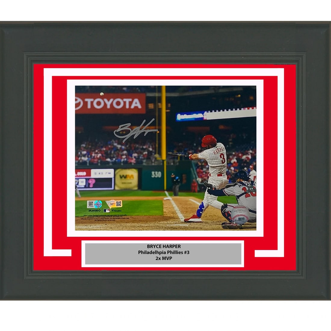 Framed Bryce Harper Autographed 8x10 Photo with Fanatics COA: Framed Bryce Harper Autographed 8x10 Photo with Fanatics COA This professionally framed and matted autographed 8x10 photo of Bryce Harper from the Philadelphia Phillies is a must-have for any baseball