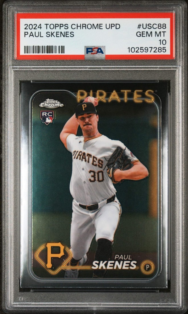 2024 Topps Chrome Update Paul Skenes Rookie Card PSA 10 Mint: 2024 Topps Chrome Update Paul Skenes Rookie Card PSA 10 Mint This is a graded 2024 Topps Chrome Update Paul Skenes #USC88 Rookie RC Card, rated PSA 10 Mint. The card is encapsulated and authenticated