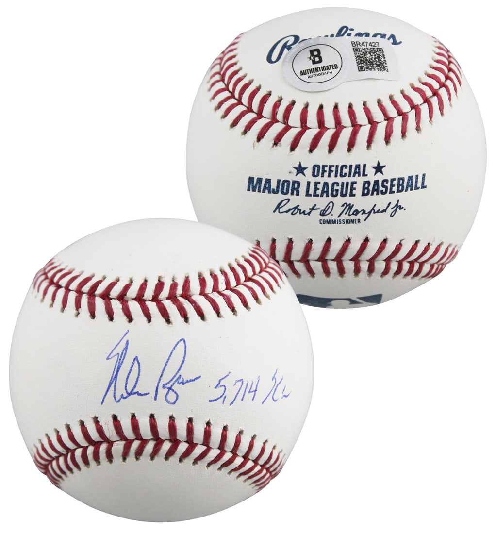 Nolan Ryan Signed Texas Rangers Baseball with 5714 Ks Inscription BAS: Nolan Ryan Signed Texas Rangers Baseball with 5714 Ks Inscription BAS This authentic Nolan Ryan baseball features the iconic inscription "5714 K's" and is personally signed by the legendary pitcher hi