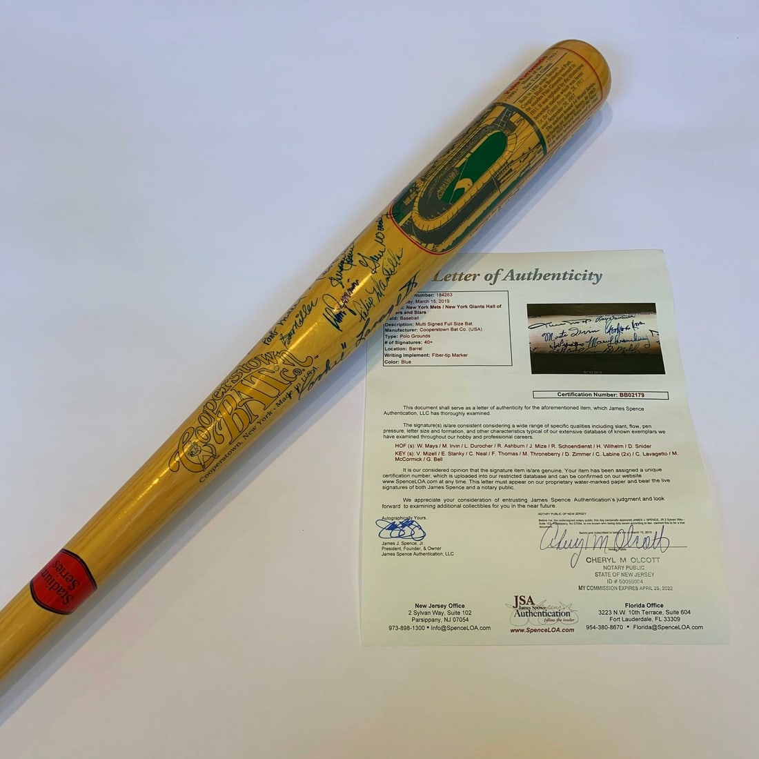 New York Giants Mets Multi Signed Baseball Bat 50 Sigs with Willie Mays JSA Authenticated: New York Giants Mets Multi Signed Baseball Bat 50 Sigs with Willie Mays JSA Authenticated This extraordinary baseball bat features an impressive collection of 50 signatures from legendary players of t