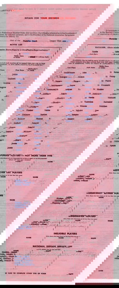 1959 San Francisco Giants Official Roster Featuring Willie McCovey: 1959 San Francisco Giants Official Roster Featuring Willie McCovey This item features the 1959 Phoenix Giants Official Roster, highlighting the legendary player Willie McCovey as part of the San Franc
