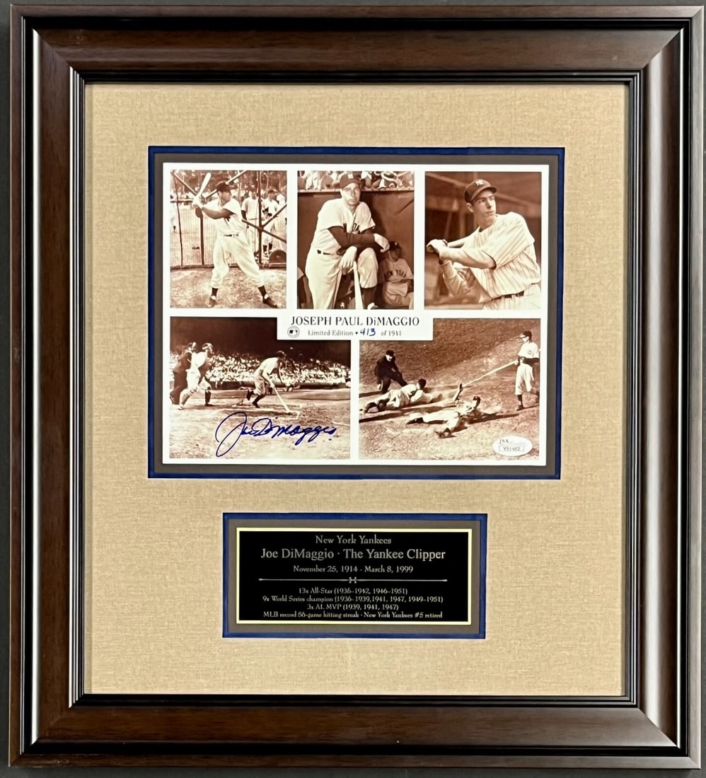 Joe DiMaggio Signed 8x10 Photo Custom Framed Display JSA Authenticated: Joe DiMaggio Signed 8x10 Photo Custom Framed Display JSA Authenticated Celebrate the legacy of baseball legend Joe DiMaggio with this exquisite signed 8x10 custom framed display. This limited edition