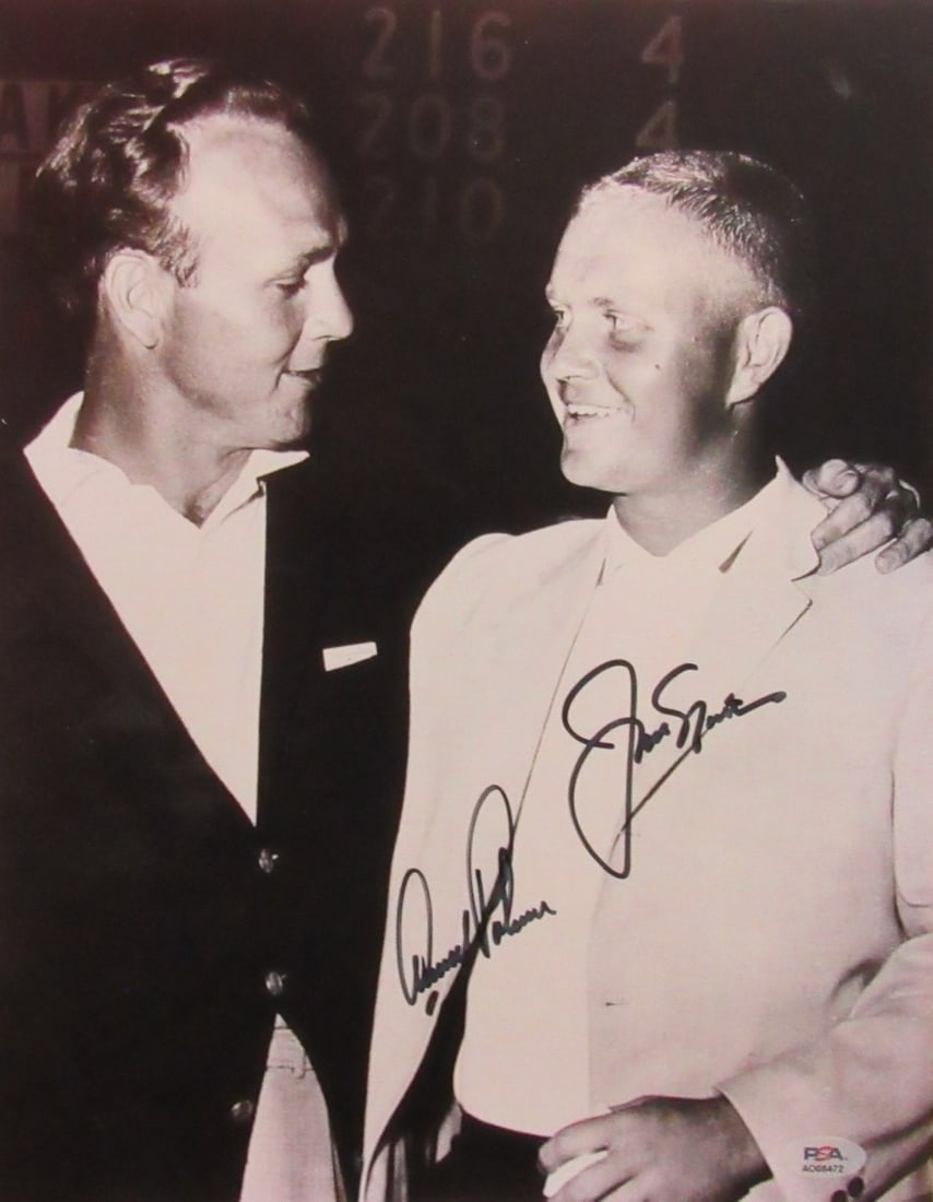Arnold Palmer Jack Nicklaus Dual-Signed 11x14 Photo PSA/DNA Authentic: Arnold Palmer Jack Nicklaus Dual-Signed 11x14 Photo PSA/DNA Authentic Offered is an original dual-signed 11x14 black and white photo featuring golf legends Arnold Palmer and Jack Nicklaus. This photo