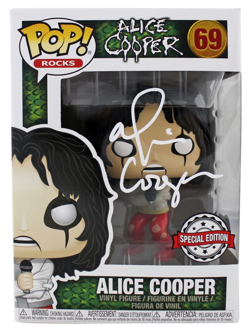 Alice Cooper Signed Funko Pop #69 with White Signature BAS Authenticated: Alice Cooper Signed Funko Pop #69 with White Signature BAS Authenticated This Alice Cooper Signed Funko Pop Vinyl Figure #69 features a striking white signature and has been personally autographed by