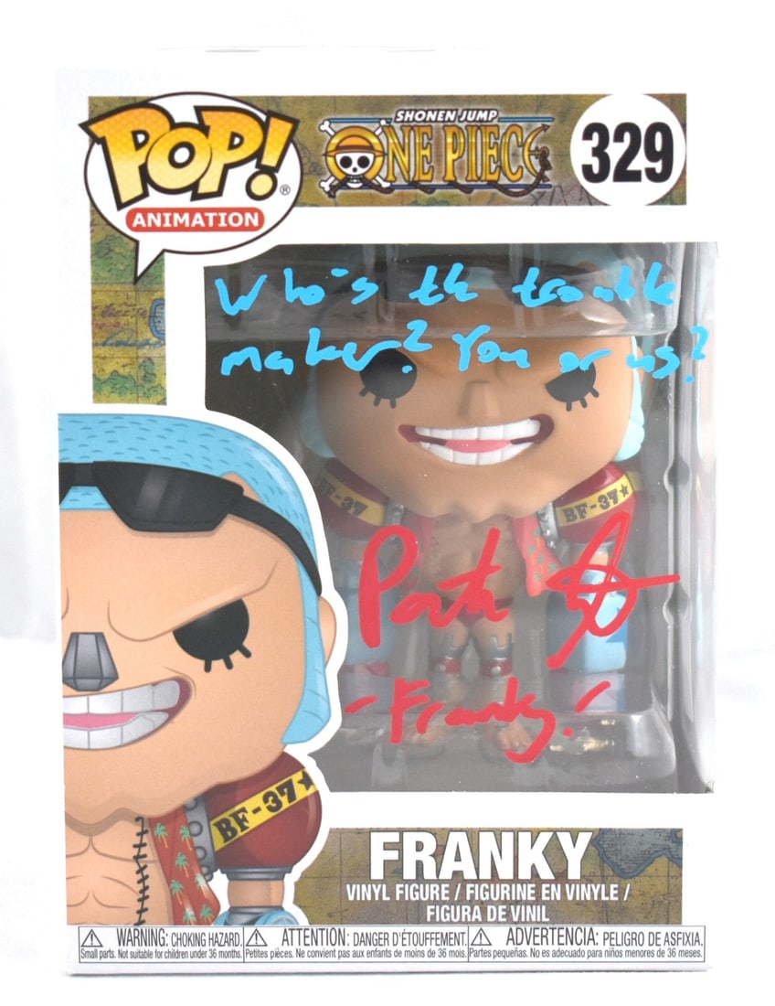 Patrick Seitz Autographed Funko POP Franky #329 JSA Certified: Patrick Seitz Autographed Funko POP Franky #329 JSA Certified This collectible Patrick Seitz autographed Funko POP figure features Franky from the beloved One Piece franchise. The figure is made of hi