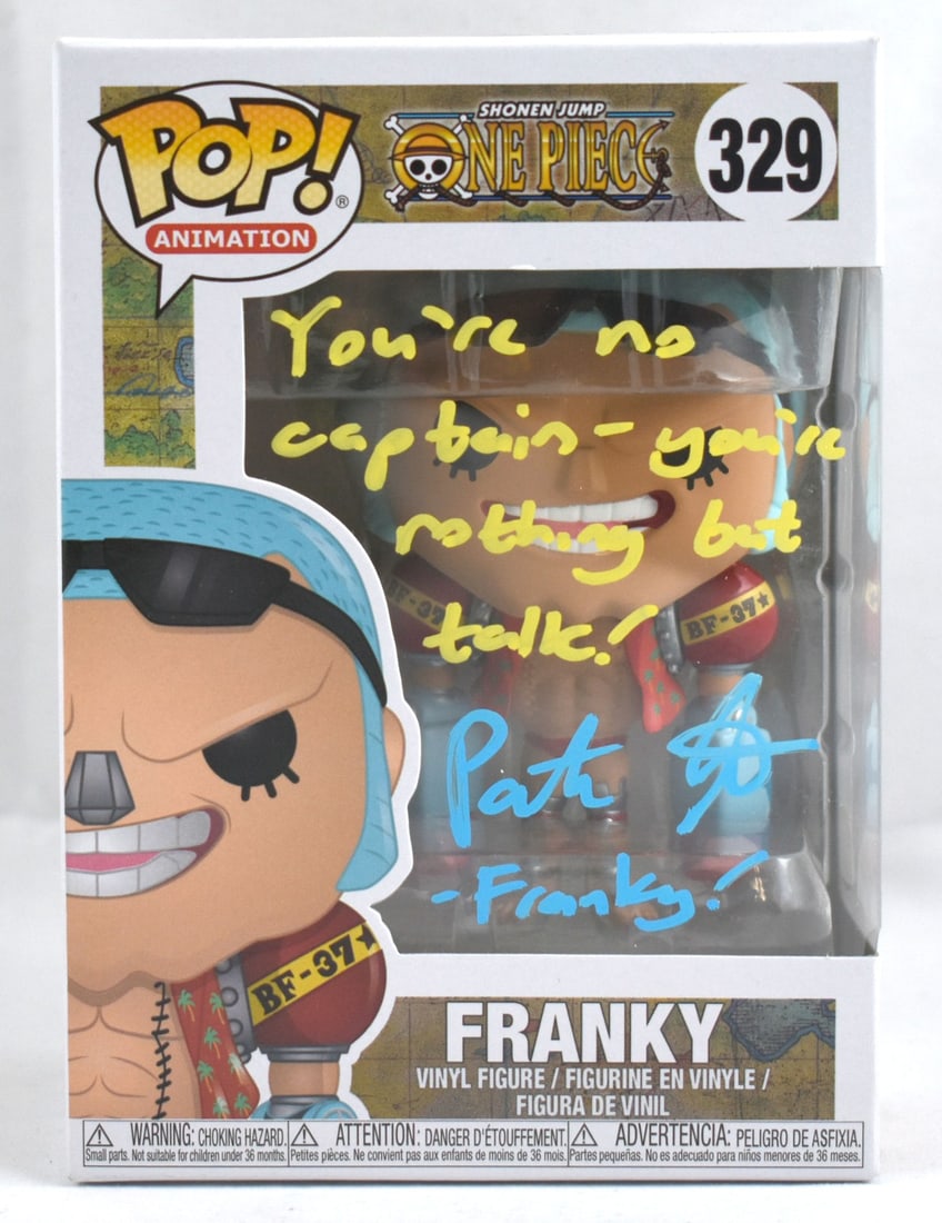 Patrick Seitz Autographed Funko Pop Franky #329 JSA Authentication: Patrick Seitz Autographed Funko Pop Franky #329 JSA Authentication This is a Patrick Seitz signed Funko POP vinyl figure of Franky from the popular franchise One Piece. The figure is part of the Funko