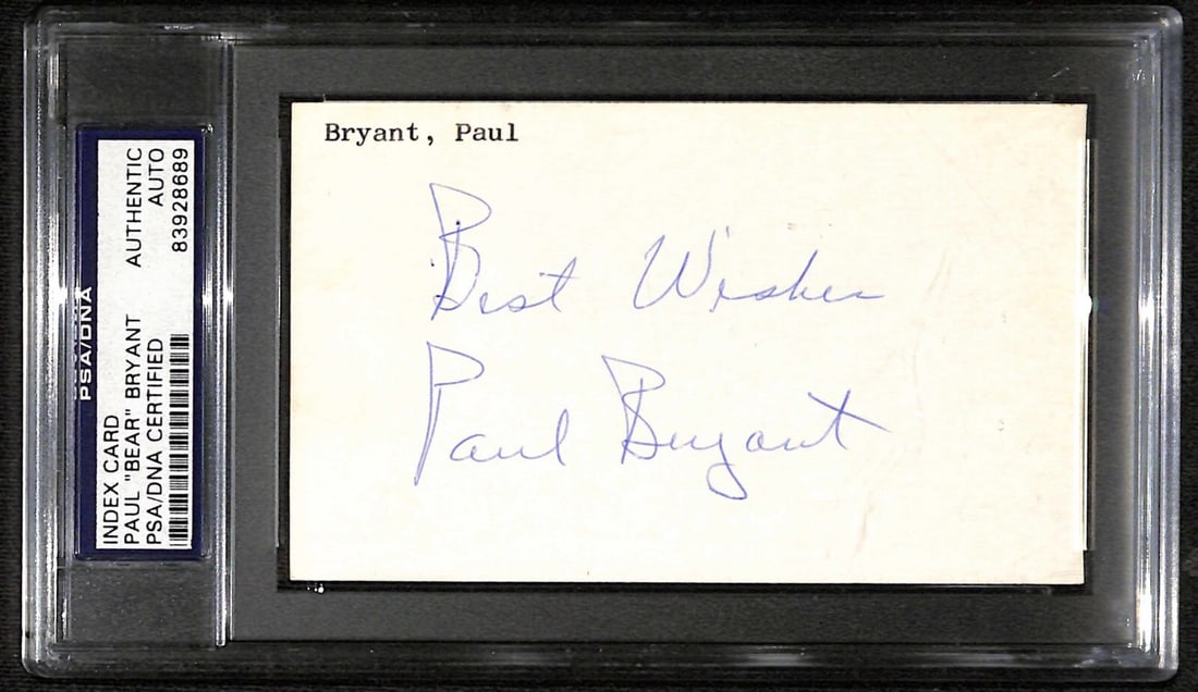 Paul Bear Bryant Signed Index Card with PSA/DNA Authentication: Paul Bear Bryant Signed Index Card with PSA/DNA Authentication This vintage autographed index card features the signature of legendary college football coach Paul "Bear" Bryant, known for his remarkab