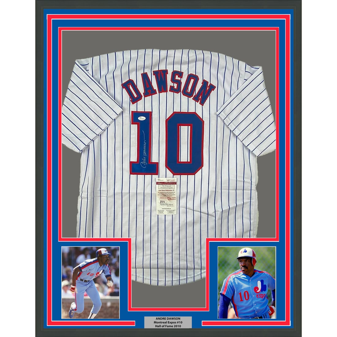 Framed Andre Dawson Autographed Montreal Expos Jersey with JSA COA: Framed Andre Dawson Autographed Montreal Expos Jersey with JSA COA Showcase your love for baseball with this framed and autographed Andre Dawson Montreal Expos pinstripe jersey. This impressive piece