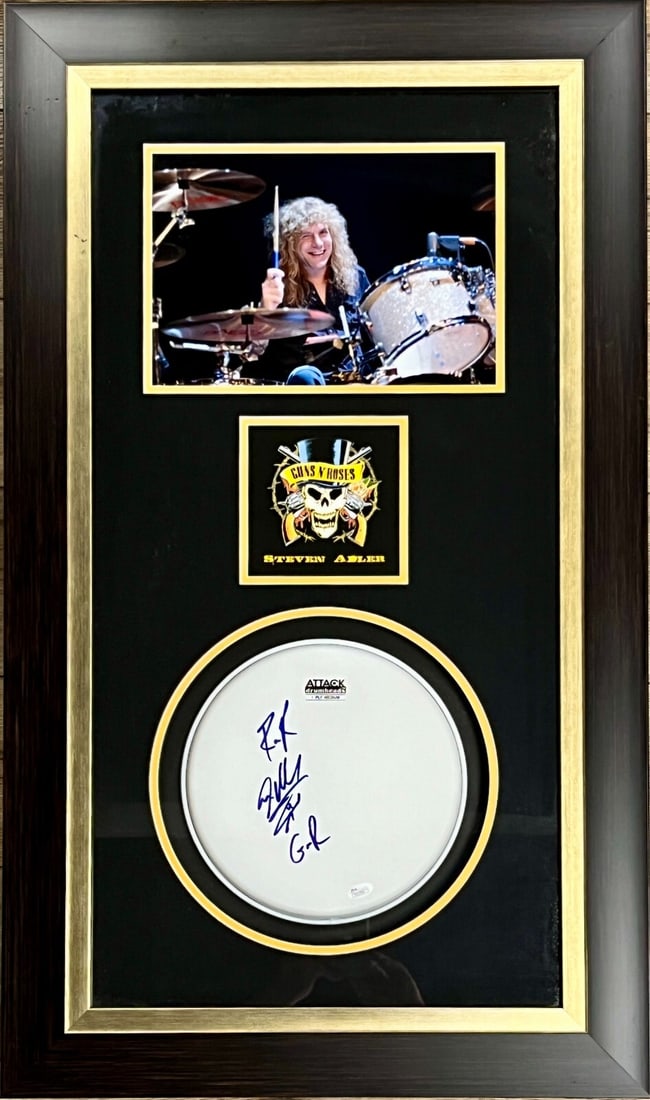 Steven Adler Signed Drum Head Framed Display with JSA Authentication: Steven Adler Signed Drum Head Framed Display with JSA Authentication This professionally framed display features a drum head signed by Steven Adler, the original drummer of the legendary rock band Gun