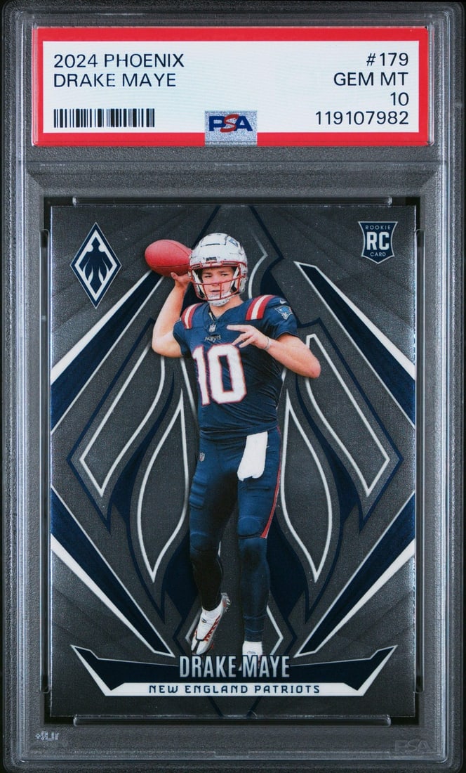 2024 Panini Phoenix Drake Maye Rookie Card PSA 10 Gem Mint NFL: 2024 Panini Phoenix Drake Maye Rookie Card PSA 10 Gem Mint NFL Introducing the 2024 Panini Phoenix Drake Maye #179 Rookie Football Card, graded PSA 10 Gem Mint. This exceptional card features the prom
