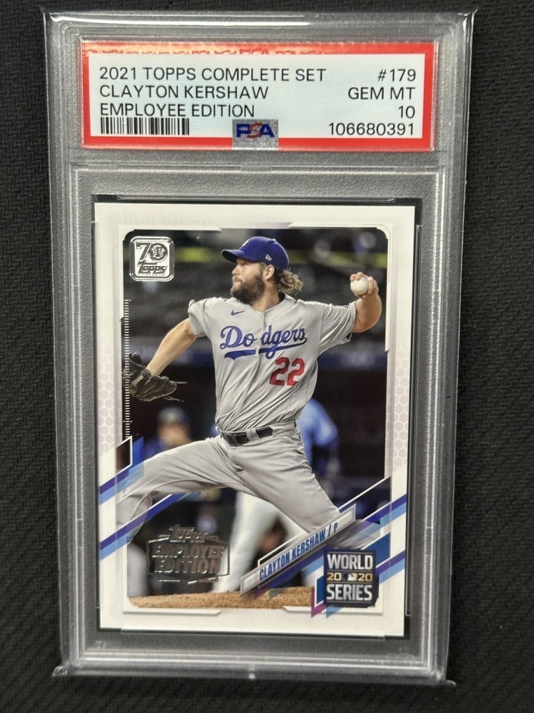 Clayton Kershaw 2021 Topps Employee Edition SP PSA 10 Dodgers Card #179: Clayton Kershaw 2021 Topps Employee Edition SP PSA 10 Dodgers Card #179 This is a rare Clayton Kershaw baseball card from the 2021 Topps Complete Set Employee Edition. It features the star player of t