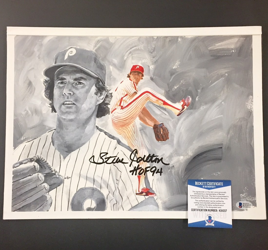 Steve Carlton 1-of-1 Signed Artwork 2005 Upper Deck Beckett Authenticated: Steve Carlton 1-of-1 Signed Artwork 2005 Upper Deck Beckett Authenticated This unique 2005 Upper Deck Baseball Heroes artwork features the legendary Steve Carlton, a Hall of Fame pitcher known for his