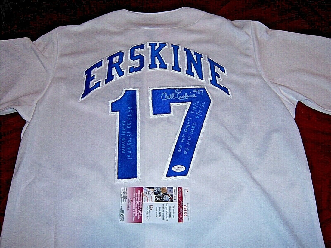 Carl Erskine Signed Dodgers World Series Majestic Jersey JSA COA: Carl Erskine Signed Dodgers World Series Majestic Jersey JSA COA Celebrate the legacy of baseball with this officially licensed Majestic jersey, signed by Carl Erskine, a key player of the Dodgers' Wo