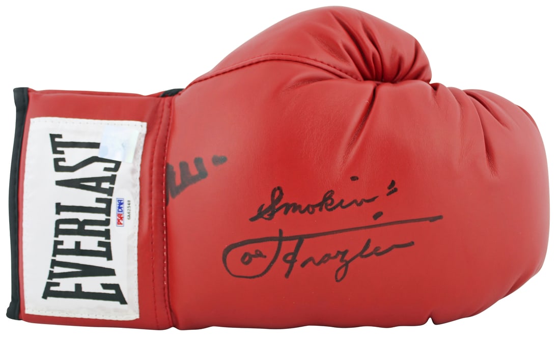 Muhammad Ali Joe Frazier Signed Everlast Boxing Glove PSA/DNA: Muhammad Ali Joe Frazier Signed Everlast Boxing Glove PSA/DNA This original signed red Everlast boxing glove features the legendary signatures of Muhammad Ali and Joe Frazier, along with Frazier's ins