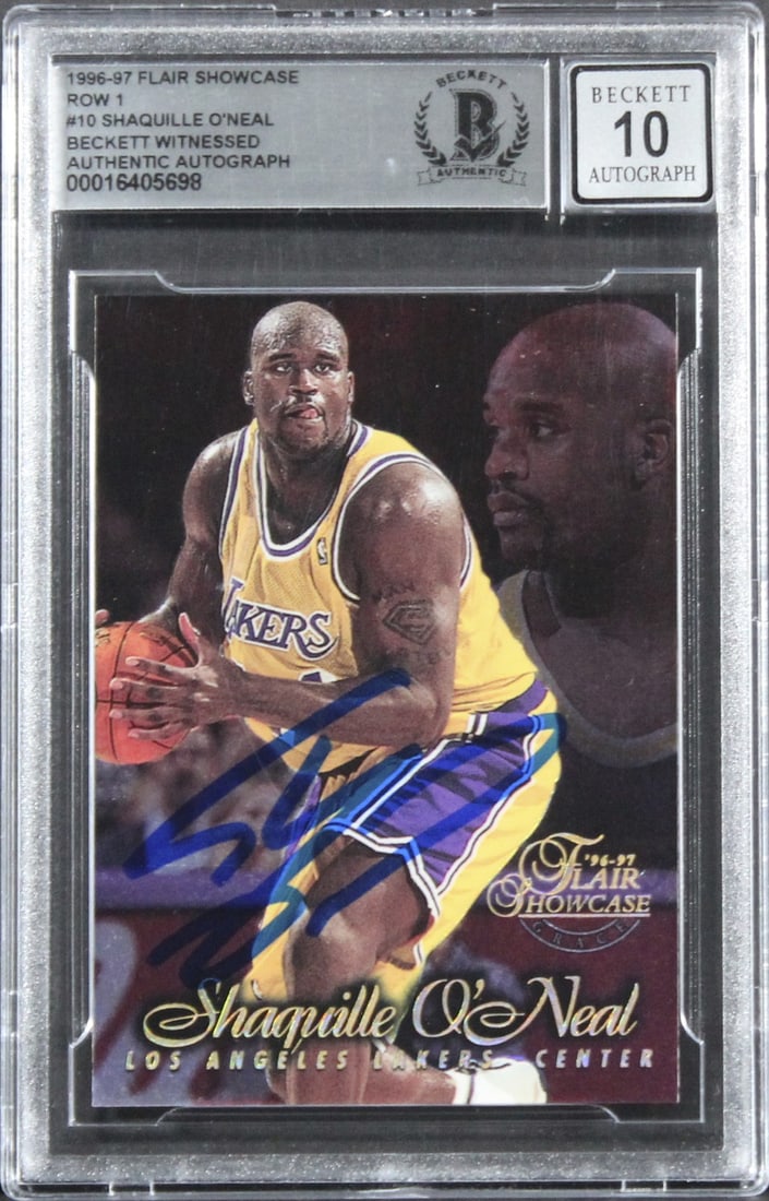 Shaquille O'Neal Signed 1996 Flair Showcase Gem Mint 10 Card BAS Slabbed: Shaquille O'Neal Signed 1996 Flair Showcase Gem Mint 10 Card BAS Slabbed Own a piece of basketball history with this 1996 Flair Showcase #10 card personally signed by Shaquille O'Neal. Graded Gem Mint