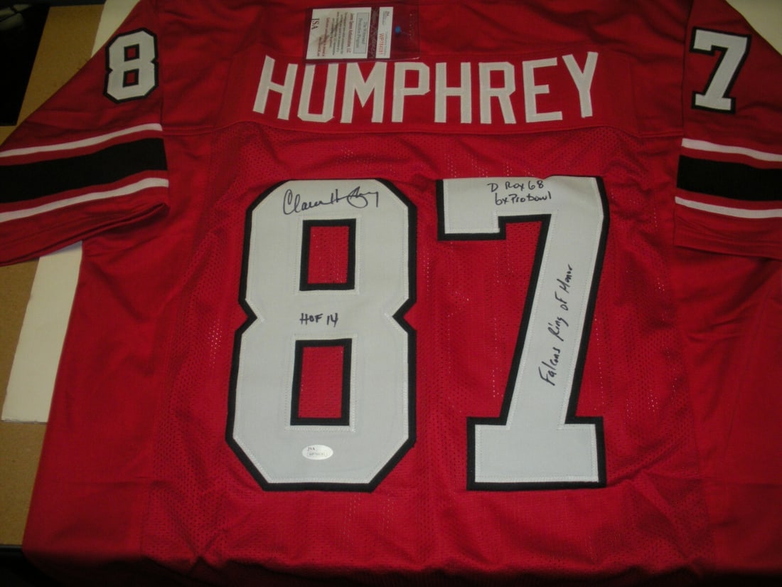 Claude Humphries Atlanta Falcons Signed Jersey HOF 2014 JSA COA: Claude Humphries Atlanta Falcons Signed Jersey HOF 2014 JSA COA This is an original signed jersey from Claude Humphries, a Hall of Fame inductee and the 1968 NFL Defensive Rookie of the Year. The jers