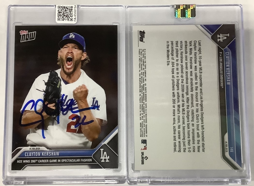 Clayton Kershaw 2023 Topps Now Autographed Card 200 Wins: Clayton Kershaw 2023 Topps Now Autographed Card 200 Wins Celebrate Clayton Kershaw's milestone achievement with this 2023 Topps Now Autographed Baseball Card commemorating his 200 Career Wins. This co