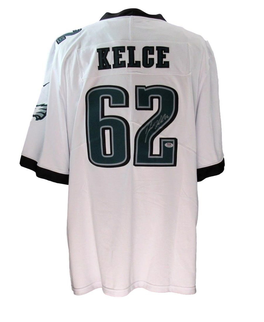 Jason Kelce Signed White Nike Eagles Jersey PSA/DNA Authentic: Jason Kelce Signed White Nike Eagles Jersey PSA/DNA Authentic This is a Jason Kelce Signed White Nike On Field Football Jersey from the Philadelphia Eagles, authenticated by PSA/DNA. The jersey is in