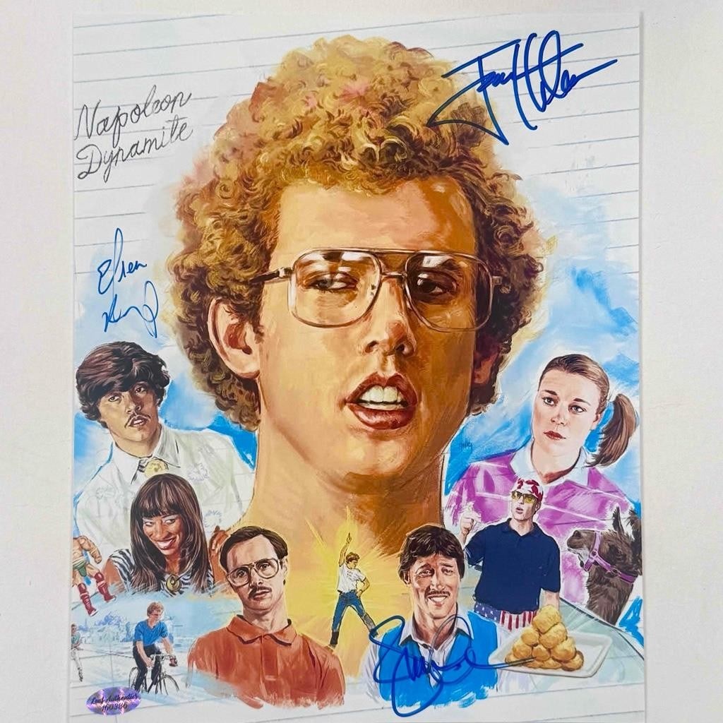 Napoleon Dynamite 8x10 Cast Signed Photo JSA COA Heder Ramirez Gries: Napoleon Dynamite 8x10 Cast Signed Photo JSA COA Heder Ramirez Gries This is an original 8x10 photograph featuring the cast of Napoleon Dynamite, signed by Jon Heder, Gries, and Efren Ramirez. The aut