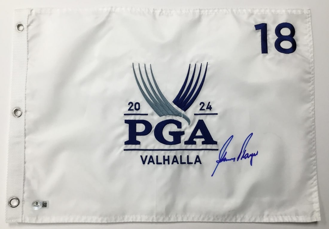 Gary Player Signed 2024 PGA Valhalla #18 Pin Flag Beckett Authenticated: Gary Player Signed 2024 PGA Valhalla #18 Pin Flag Beckett Authenticated This is an official 2024 PGA Valhalla #18 pin flag, expertly signed by renowned golfer Gary Player. The autograph comes with aut
