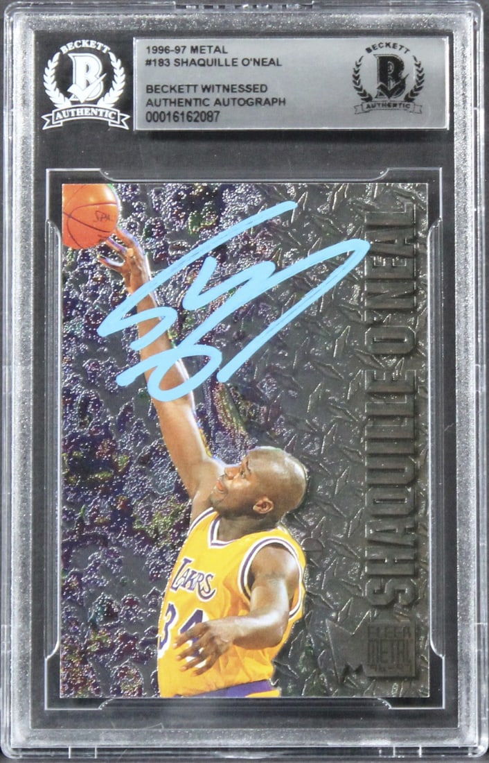 Shaquille O'Neal Signed 1996 Metal #183 Basketball Card Beckett Slabbed: Shaquille O'Neal Signed 1996 Metal #183 Basketball Card Beckett Slabbed This is an authentic autographed 1996 Metal #183 card featuring basketball superstar Shaquille O'Neal of the Los Angeles Lakers.