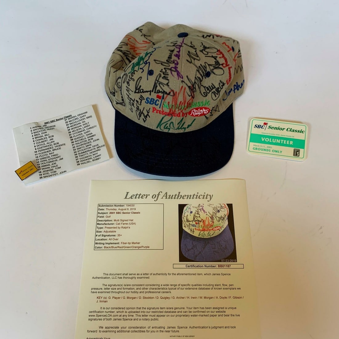 2001 PGA SBC Senior Classic Golf Hat 39 Signatures JSA Authenticated: 2001 PGA SBC Senior Classic Golf Hat 39 Signatures JSA Authenticated Celebrate the rich history of golf with this rare 2001 PGA SBC Senior Classic signed baseball cap. This authentic cap, produced by