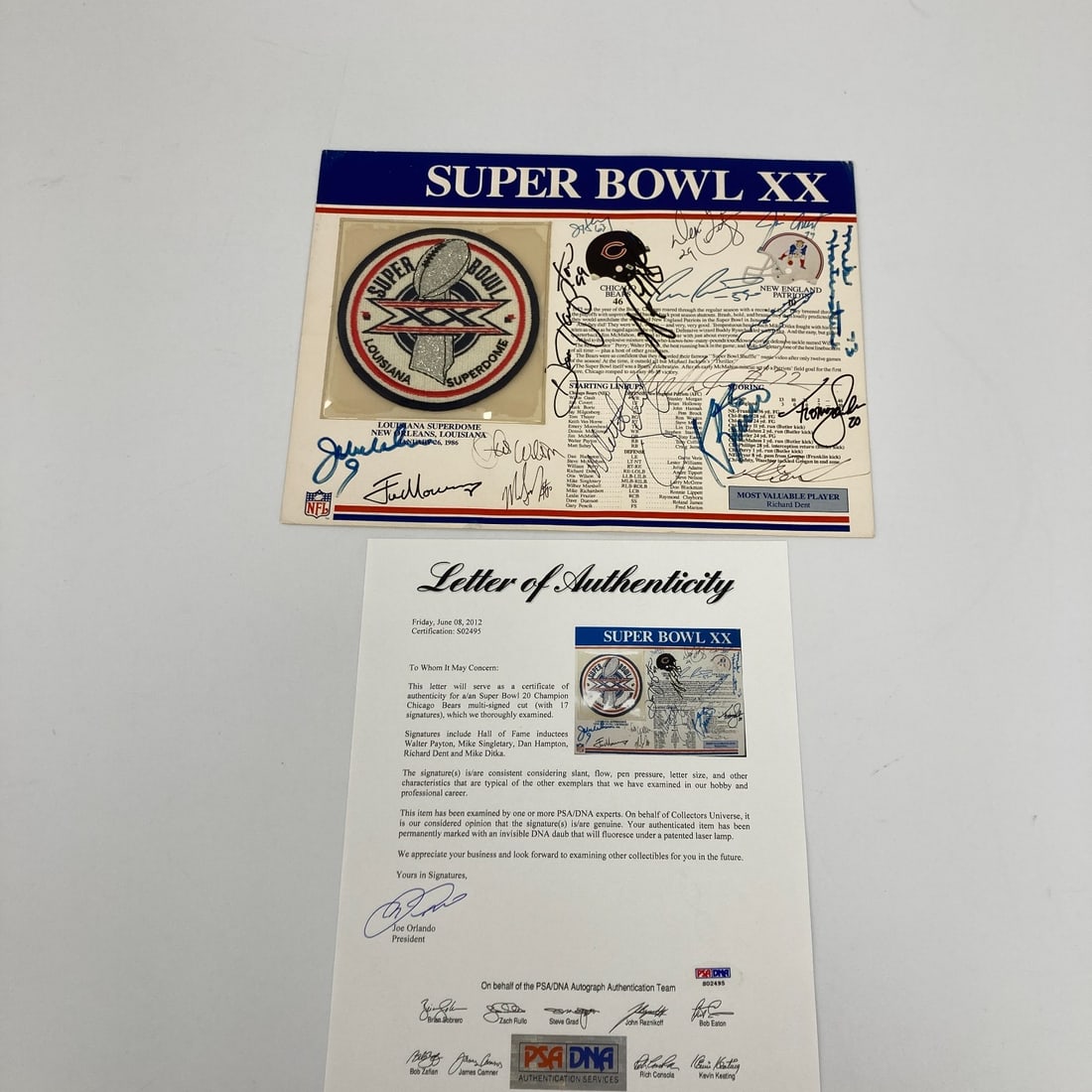 1985 Chicago Bears Super Bowl Champs Walter Payton Signed Patch PSA DNA COA: 1985 Chicago Bears Super Bowl Champs Walter Payton Signed Patch PSA DNA COA Celebrate the legendary 1985 Chicago Bears with this team-signed patch featuring the iconic Walter Payton. This original pie