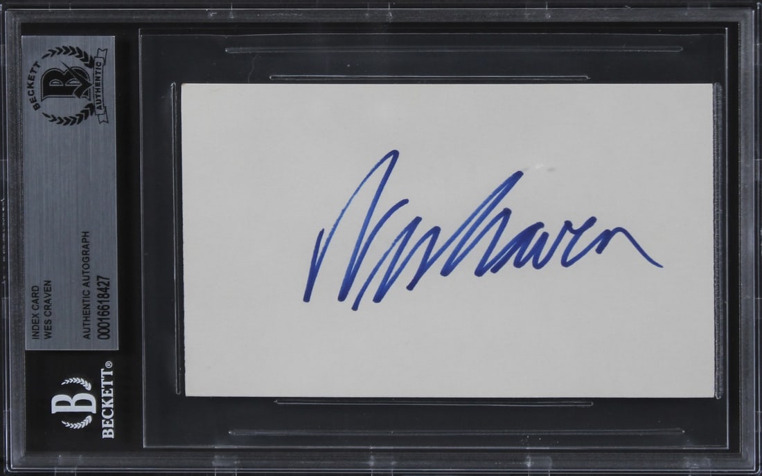 Wes Craven Scream Signed 3x5 Index Card Beckett Authenticated: Wes Craven Scream Signed 3x5 Index Card Beckett Authenticated This authentic 3x5 index card is personally signed by Wes Craven, the iconic director of the Scream franchise. The autograph is certified