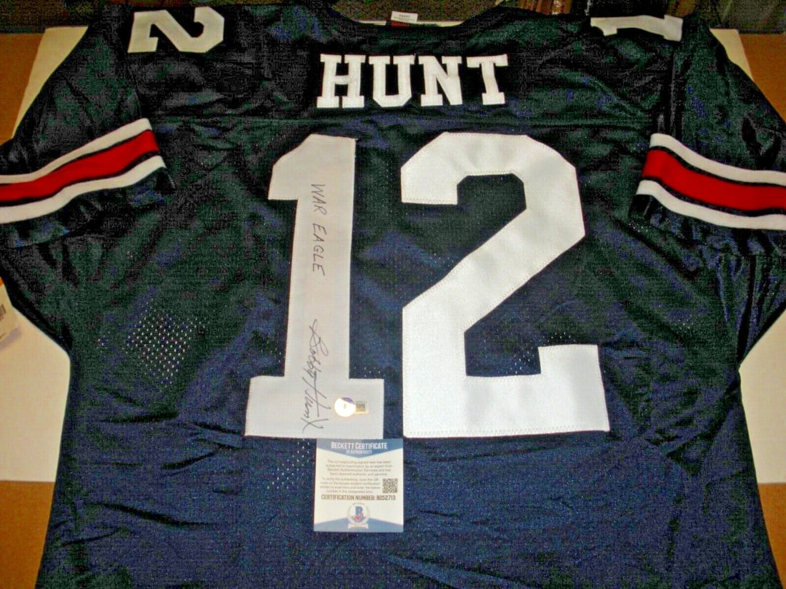 Bobby Hunt Auburn Tigers Signed Wilson Jersey Beckett Certified: Bobby Hunt Auburn Tigers Signed Wilson Jersey Beckett Certified This is an officially licensed Wilson jersey, signed by Bobby Hunt, featuring the Auburn Tigers design. It is an authentic piece, verifi