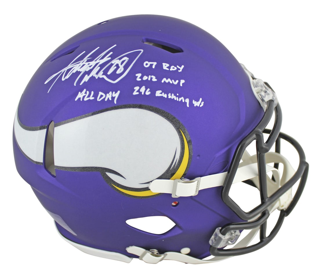 Adrian Peterson Signed Vikings Proline Speed Helmet BAS Witnessed Inscription: Adrian Peterson Signed Vikings Proline Speed Helmet BAS Witnessed Inscription This authentic Proline F/S Speed Helmet features the signature of Adrian Peterson, renowned player of the Minnesota Viking