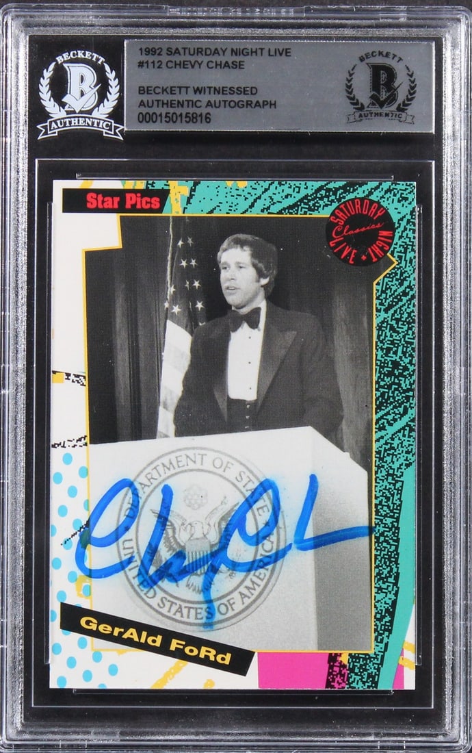 Chevy Chase Signed 1992 SNL Card BAS Authenticated: Chevy Chase Signed 1992 SNL Card BAS Authenticated This is an authentic signed card featuring Chevy Chase from Saturday Night Live, specifically from the 1992 #112 series. The card has been personally