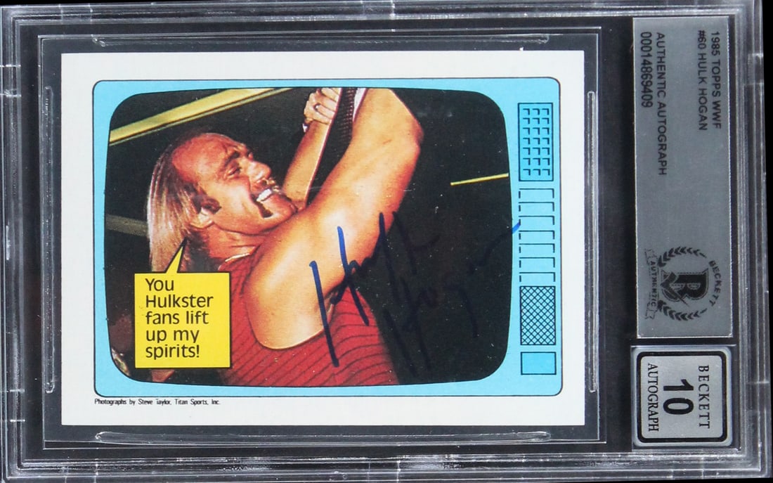 Hulk Hogan Signed 1985 Topps WWF #60 Rookie Card Auto 10 Beckett Slabbed: Hulk Hogan Signed 1985 Topps WWF #60 Rookie Card Auto 10 Beckett Slabbed This is an original 1985 Topps WWF #60 rookie card featuring Hulk Hogan, personally signed by the wrestling legend himself. Gra