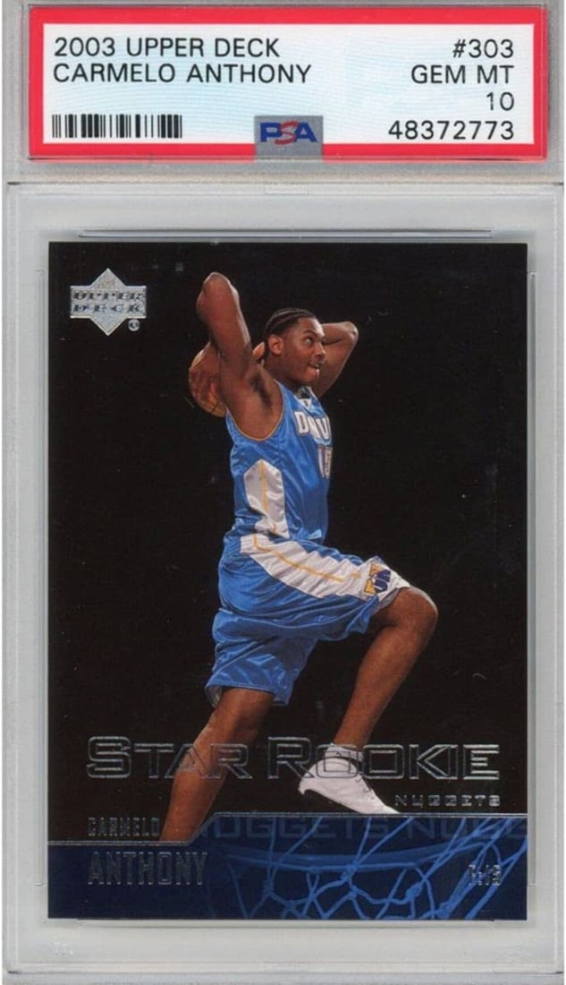 2003-04 Upper Deck Carmelo Anthony #303 Rookie Basketball Card PSA 10: 2003-04 Upper Deck Carmelo Anthony #303 Rookie Basketball Card PSA 10 This is a graded 2003-04 Upper Deck UD Carmelo Anthony #303 Rookie RC Basketball Card, featuring a perfect grade of 10 from Profes