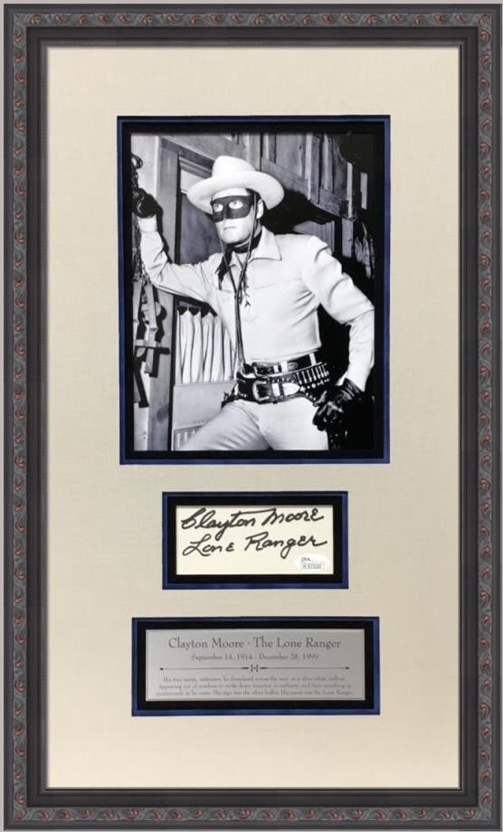 Clayton Moore Signed Cut Signature Display The Lone Ranger JSA Authenticated 24 x 15: Clayton Moore Signed Cut Signature Display The Lone Ranger JSA Authenticated 24 x 15 This custom framed display features a cut signature from Clayton Moore, the iconic actor renowned for his portrayal