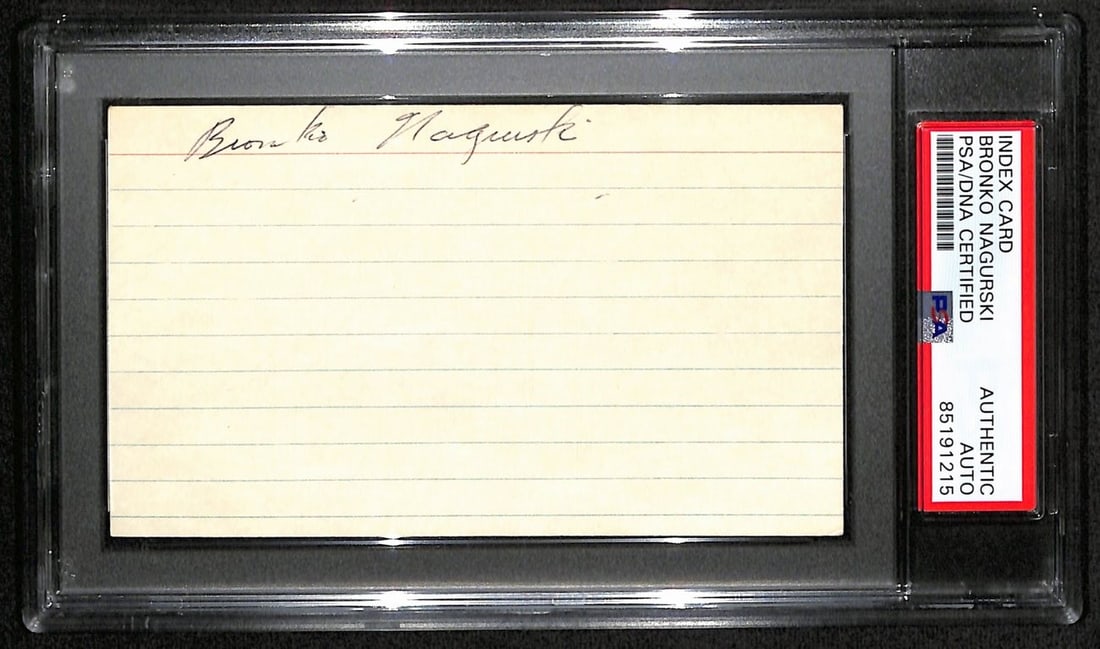 Bronko Nagurski HOF Autographed 3x5 Index Card PSA/DNA Chicago Bears: Bronko Nagurski HOF Autographed 3x5 Index Card PSA/DNA Chicago Bears This listing features an original Bronko Nagurski Hall of Fame signed 3x5 index card, representing the iconic Chicago Bears. This a