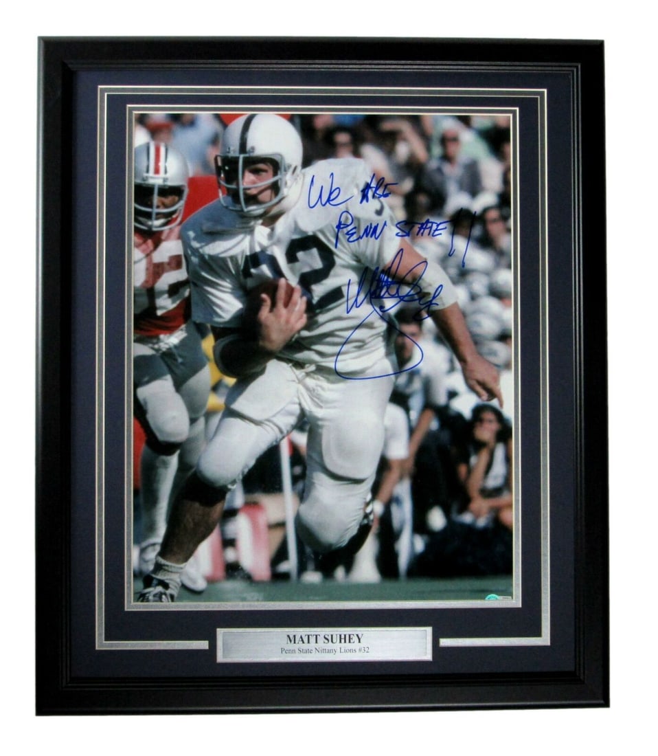 Matt Suhey Signed Inscribed 16x20 Framed Photo BAS Authenticated Penn State: Matt Suhey Signed Inscribed 16x20 Framed Photo BAS Authenticated Penn State This offering features a framed 16x20 photo of Matt Suhey, a prominent player for the Penn State Nittany Lions. The photo is