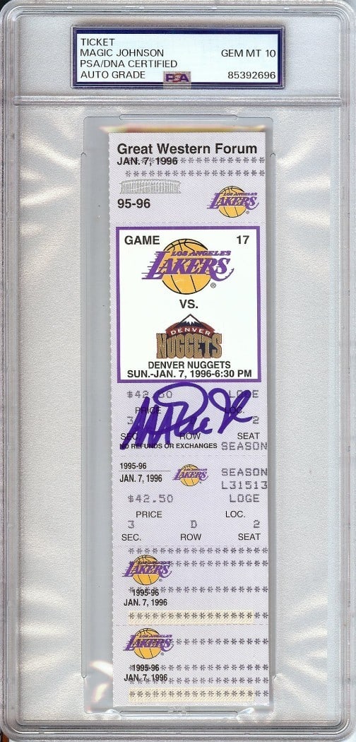 Magic Johnson Autographed Ticket 1996 Lakers vs Nuggets PSA 10: Magic Johnson Autographed Ticket 1996 Lakers vs Nuggets PSA 10 This collectible ticket stub features the autograph of NBA legend Magic Johnson, commemorating the memorable 1996 game between the Los An