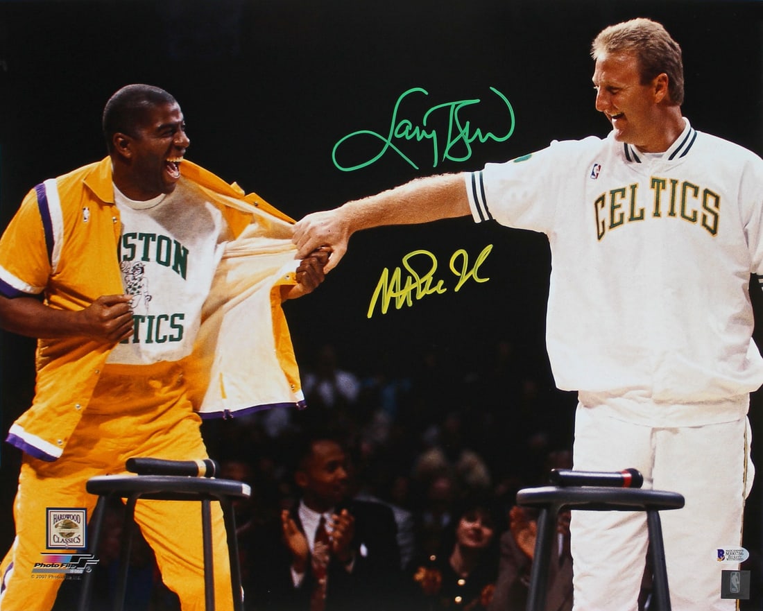 Magic Johnson Larry Bird Signed 16x20 Retirement Photo BAS Witnessed: Magic Johnson Larry Bird Signed 16x20 Retirement Photo BAS Witnessed Celebrate basketball history with this authentic 16x20 retirement photo personally signed by legends Magic Johnson and Larry Bird.
