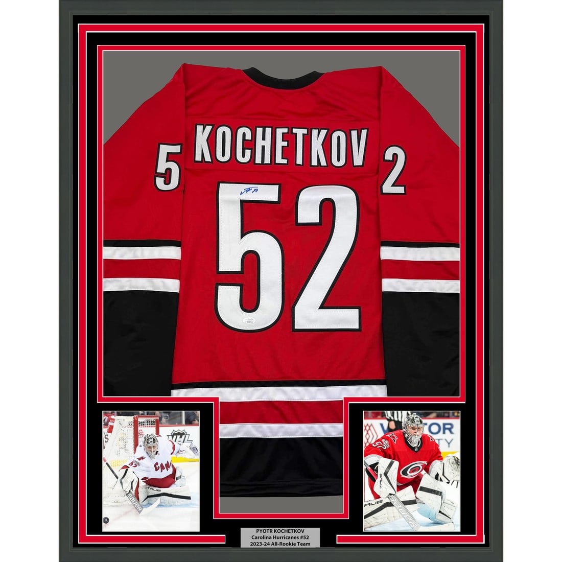 Framed Autographed Pyotr Kochetkov Jersey Carolina Hurricanes JSA COA 35x39: Framed Autographed Pyotr Kochetkov Jersey Carolina Hurricanes JSA COA 35x39 Showcase your appreciation for the NHL with this professionally framed autographed Pyotr Kochetkov jersey. This striking Car