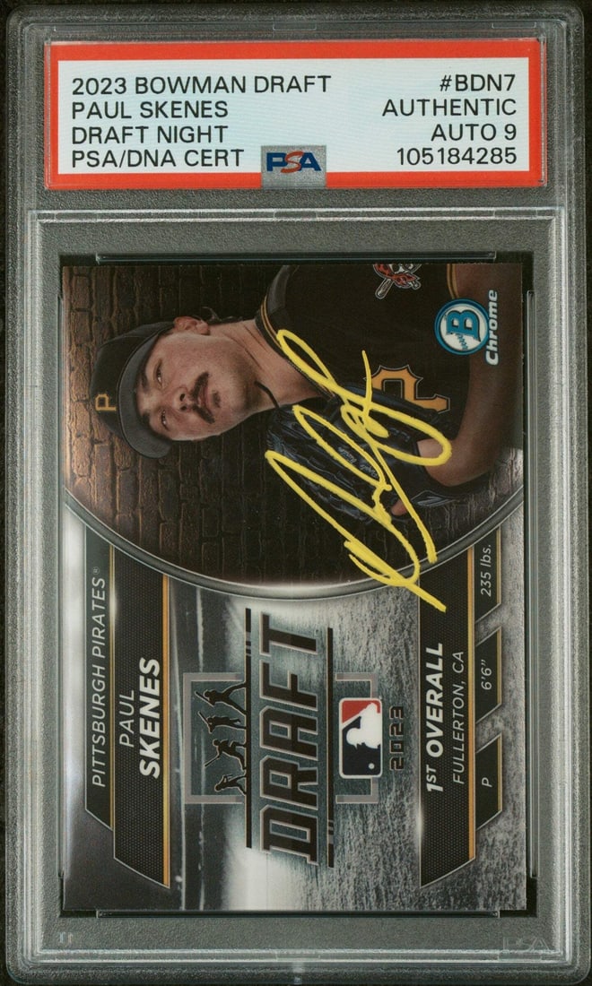 Graded 2023 Topps Bowman Draft Paul Skenes #BDN7 PSA Auto 9 MLB Card: Graded 2023 Topps Bowman Draft Paul Skenes #BDN7 PSA Auto 9 MLB Card This graded 2023 Topps Bowman Draft Paul Skenes #BDN7 baseball card features a PSA Auto Grade of 9, ensuring its quality and authen