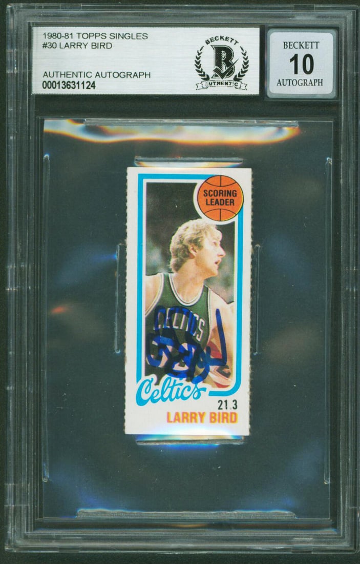 Larry Bird Signed 1980 Topps #30 Card Gem Mint 10 Beckett Slabbed: Larry Bird Signed 1980 Topps #30 Card Gem Mint 10 Beckett Slabbed This exceptional 1980 Topps Singles #30 card features a bold autograph from the legendary Larry Bird, a distinguished player of the Bo